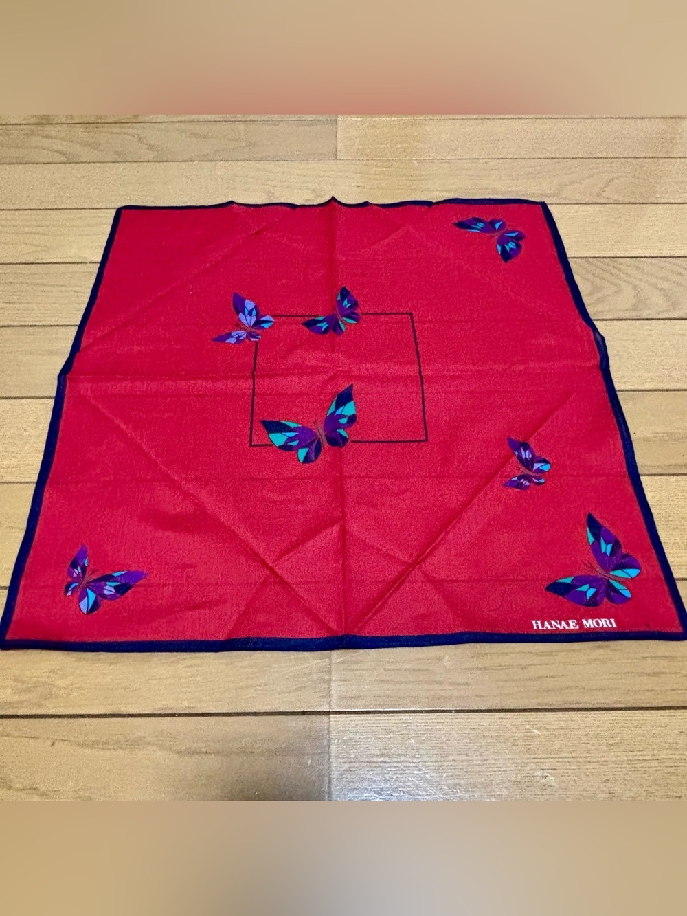 Hanae Mori Red Butterfly 100%Cotton Handkerchief/Bandana/Scarf size 43cm/17”